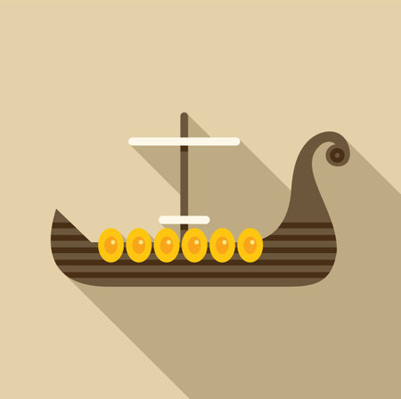 Drakkar viking ship sailing on water with long shadowのイラスト素材