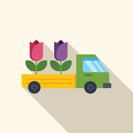 Delivery truck is transporting fresh tulips, symbolizing the arrival of spring and the joy of new beginningsのイラスト素材