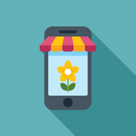 Smartphone is showing an online flower shop with a striped awning, symbolizing e commerce for plants and flowersのイラスト素材