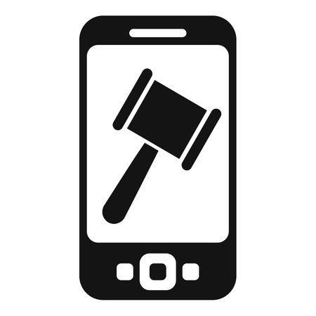 Black and white icon of a smartphone showing a judges gavel, representing online law or auction servicesのイラスト素材