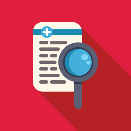 Magnifying glass is inspecting a medical record with a red backgroundのイラスト素材