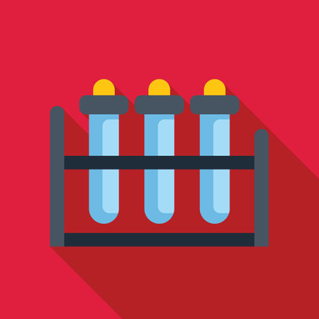 Glass test tubes filled with blue liquid and capped with yellow stoppers are sitting in a metal test tube rackのイラスト素材