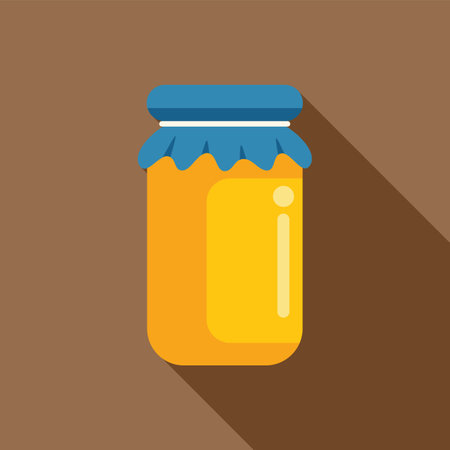 Glass jar with a blue cap containing honey, isolated on a brown background with a long shadowのイラスト素材