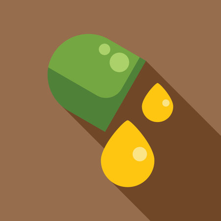 Green and yellow pill is spilling liquid medicine, symbolizing healthcare and medicationのイラスト素材