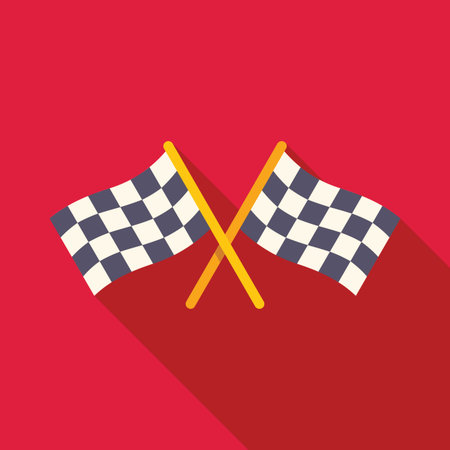 Two crossed checkered flags are waving on red background, concept for competition, victory, success or arrivalのイラスト素材