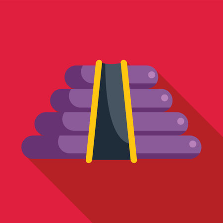 Purple inflatable bouncy slide with yellow handles standing on red background with long shadowのイラスト素材