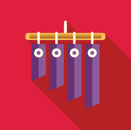 Purple wind chimes hanging from a wooden dowel make a gentle tinkling sound in the breezeのイラスト素材