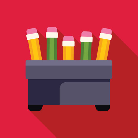 Pencils standing upright in pencil holder on red backgroundのイラスト素材
