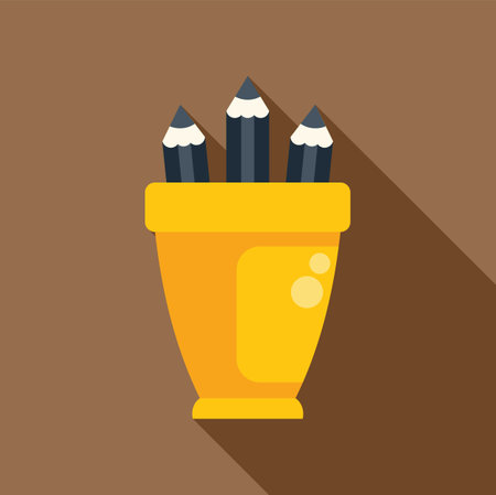 Three pencils are standing upright in a yellow container, casting a long shadowのイラスト素材