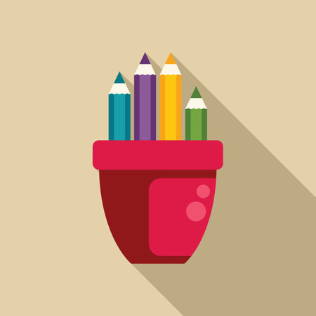 Four colorful pencils standing in a red pencil holder are casting long shadows on a beige backgroundのイラスト素材