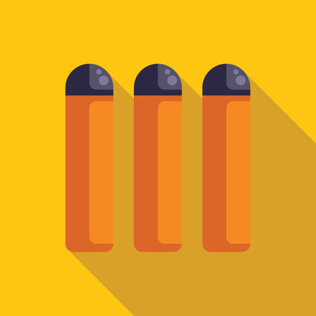 Minimalist illustration of three orange markers standing up against a yellow background, casting a long shadowのイラスト素材