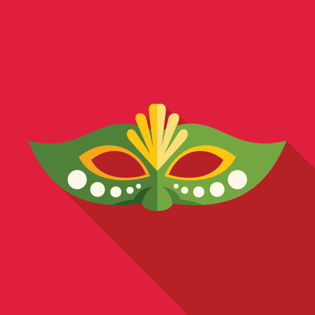 Festive green and yellow carnival mask is lying on a red background, bringing the spirit of celebration and disguiseのイラスト素材