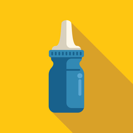 Blue baby bottle with white nipple for feeding formula or expressed breast milk to a newborn baby, flat design icon with long shadow on yellow backgroundのイラスト素材