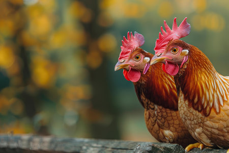 Pair of vibrant chickens posing on a rustic fence against a blurred backgroundの素材