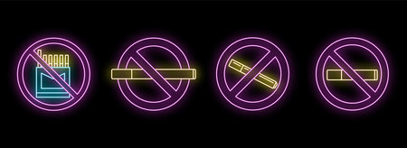 Set of glowing neon no smoking signs with cigarettes crossed out in circle on black brick wall backgroundのイラスト素材