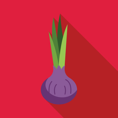 Simple illustration of a purple onion with green sprouts on a red background, with drop shadowのイラスト素材