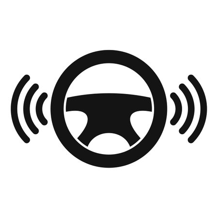 Black icon of a steering wheel transmitting signals, representing driver assistance technology and autonomous driving featuresのイラスト素材