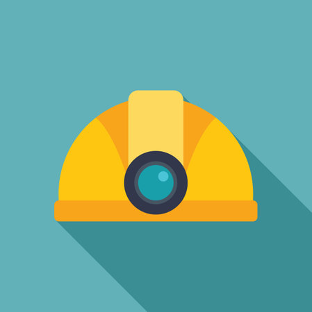 Yellow mining helmet with headlamp flashlight is casting long shadow on turquoise backgroundのイラスト素材