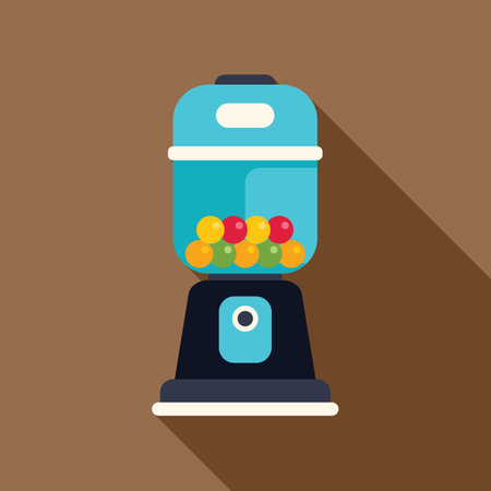 Blue gumball vending machine dispensing colorful candy with a long shadow on a brown backgroundのイラスト素材