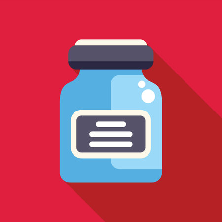 Blue glass medical jar with blank label casting shadow on red background, perfect for healthcare, pharmacy and medicine visualsのイラスト素材
