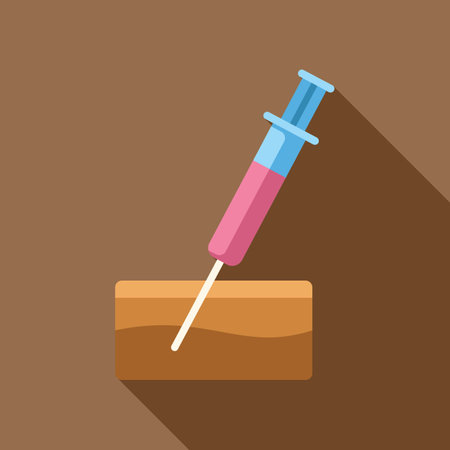 This colorful vector illustration features a syringe injecting a pink substance into a block of soil, perfect for topics like soil science, agriculture, and moreのイラスト素材