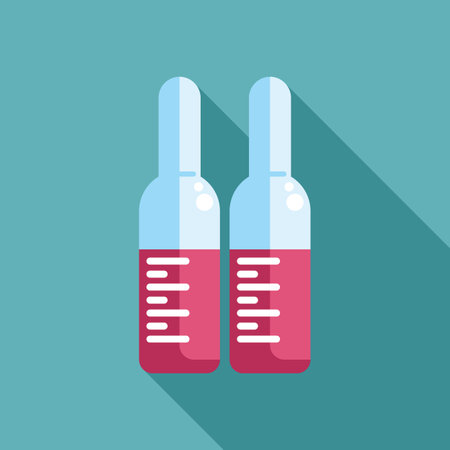 Two medical glass vials with measuring lines, containing red liquid, standing on a blue backgroundのイラスト素材