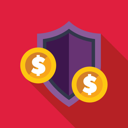 Purple shield protecting two gold dollar coins representing a secure investment strategy for financial safetyのイラスト素材
