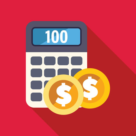 Calculator displaying a number one hundred on a digital screen with two gold coins showing dollar sign, concept for making money using mathのイラスト素材