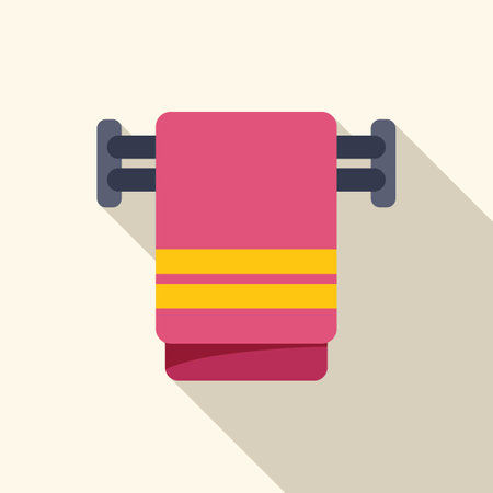 Pink towel with yellow stripes is hanging on a heated towel rail in a bathroomのイラスト素材