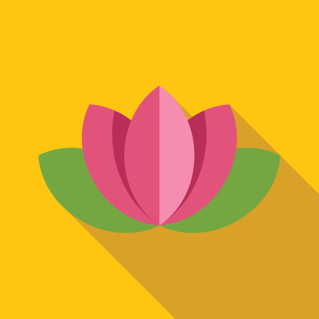 Minimalist illustration of a pink lotus flower growing on a yellow background with a long shadowのイラスト素材
