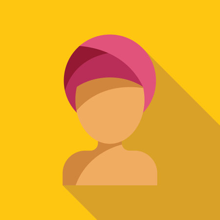 Minimalist flat design icon of a woman with bare shoulders, wearing a pink towel on her headのイラスト素材