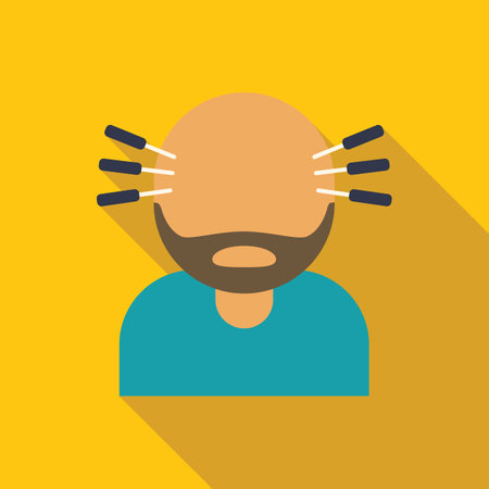 Bearded man is receiving acupuncture treatment on his forehead, a traditional chinese medicine techniqueのイラスト素材