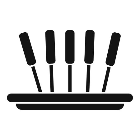 Black and white silhouette of five corn dogs standing upright in a rectangular tray, representing a classic snack or fair foodのイラスト素材