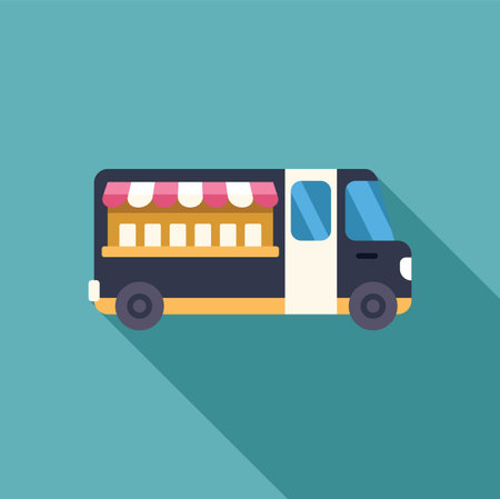 Food truck is offering take away food in flat design style with long shadowのイラスト素材
