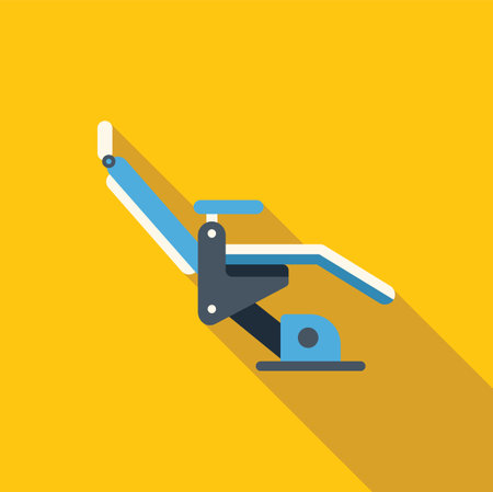 Modern blue dentist chair is casting a long shadow on a yellow background, evoking feelings of anxiety and anticipation often associated with dental visitsのイラスト素材