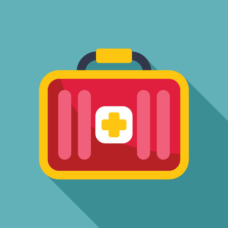 Red first aid kit closed with a white cross in the center lying on a blue backgroundのイラスト素材