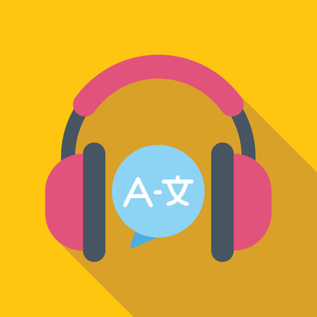 Language learning concept with headphones and speech bubble showing translation from english to chineseのイラスト素材