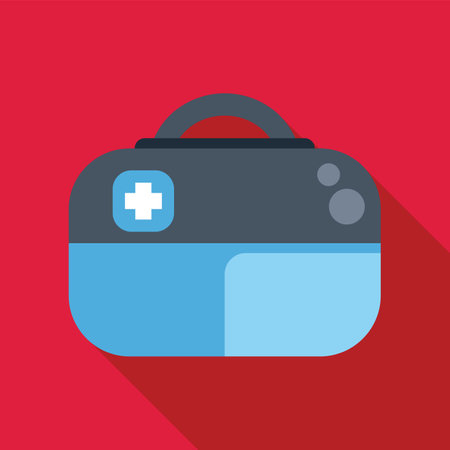 Blue first aid kit closed, showing white cross symbol, over red backgroundのイラスト素材