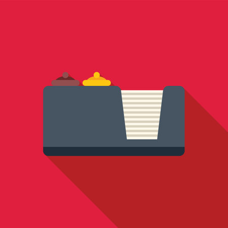 Hotel reception desk bell and note paper waiting for guest check in flat design icon with long shadow on red backgroundのイラスト素材