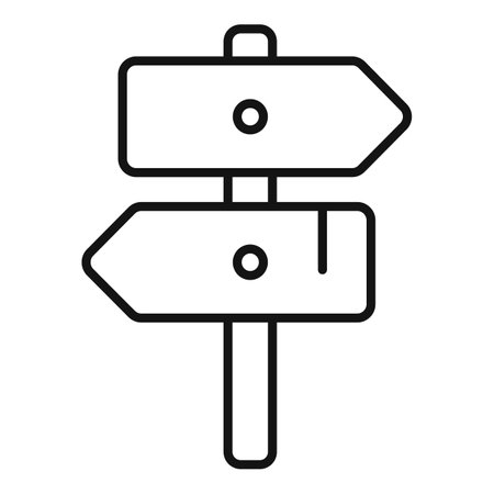 This simple, bold line icon features a wooden signpost pointing in two different directions, symbolizing a choice or decisionのイラスト素材