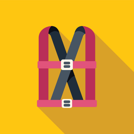 Pink safety harness with buckles, for working at height, with long shadow on yellow backgroundのイラスト素材