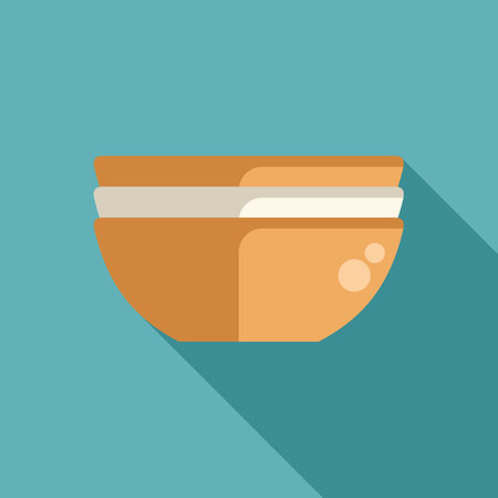 Simple vector illustration of a stack of ceramic soup bowls casting a long shadow on a blue backgroundのイラスト素材