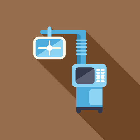 Blue medical equipment with screen and buttons, hanging on brown background with long shadowのイラスト素材