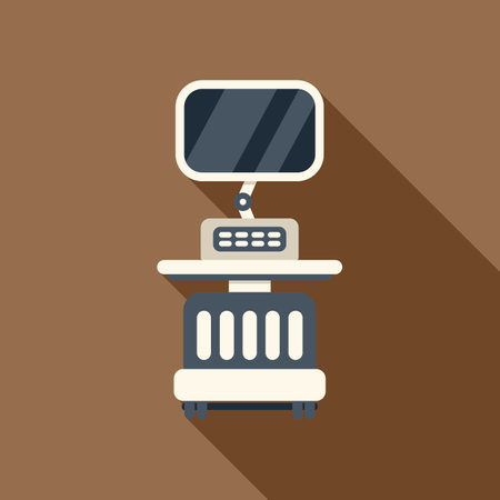 Medical ultrasound machine presenting diagnostic imaging on monitor with buttons on a stand with wheelsのイラスト素材