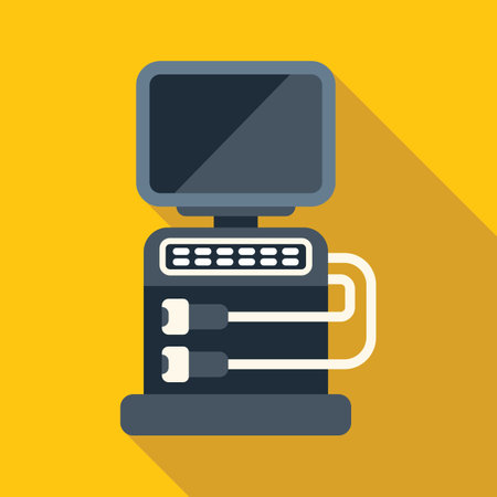 Illustration of an ultrasound machine with a blank screen, cables, and transducers, set against a vibrant yellow backgroundのイラスト素材