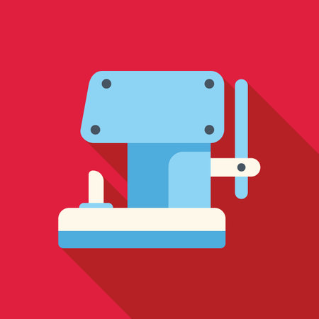 Illustration of a metalworking machine pressing metal sheet with lever on right side and long shadow on red backgroundのイラスト素材