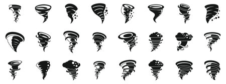 Cyclone twister cloud icons set. Collection of black silhouettes of tornadoes of various shapes, great for meteorology and weather conceptsのイラスト素材