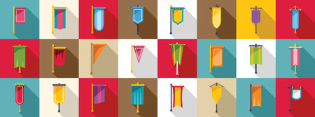Pennon pole icons set. Set of colorful medieval flags, often seen at tournaments or historical reenactmentsのイラスト素材