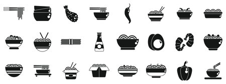 Udon noodles icons set. This set of icons shows various bowls containing ramen noodles with chopsticks, shrimps, eggs and peppersのイラスト素材