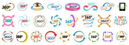 360 degrees icons set. Collection of various colorful arrows rotating 360 degrees, symbolizing...